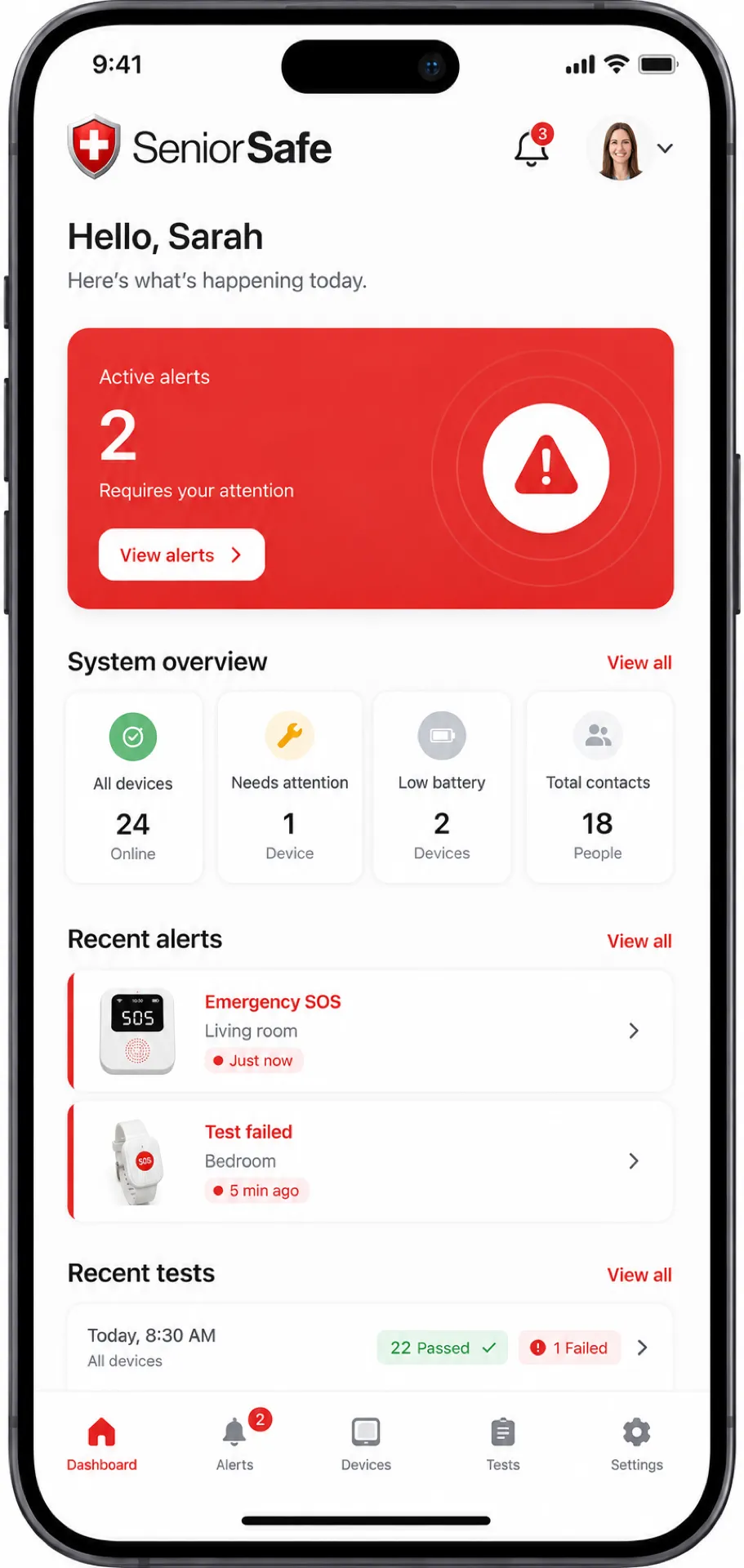 Senior Safe family dashboard — active alerts, device status, test history