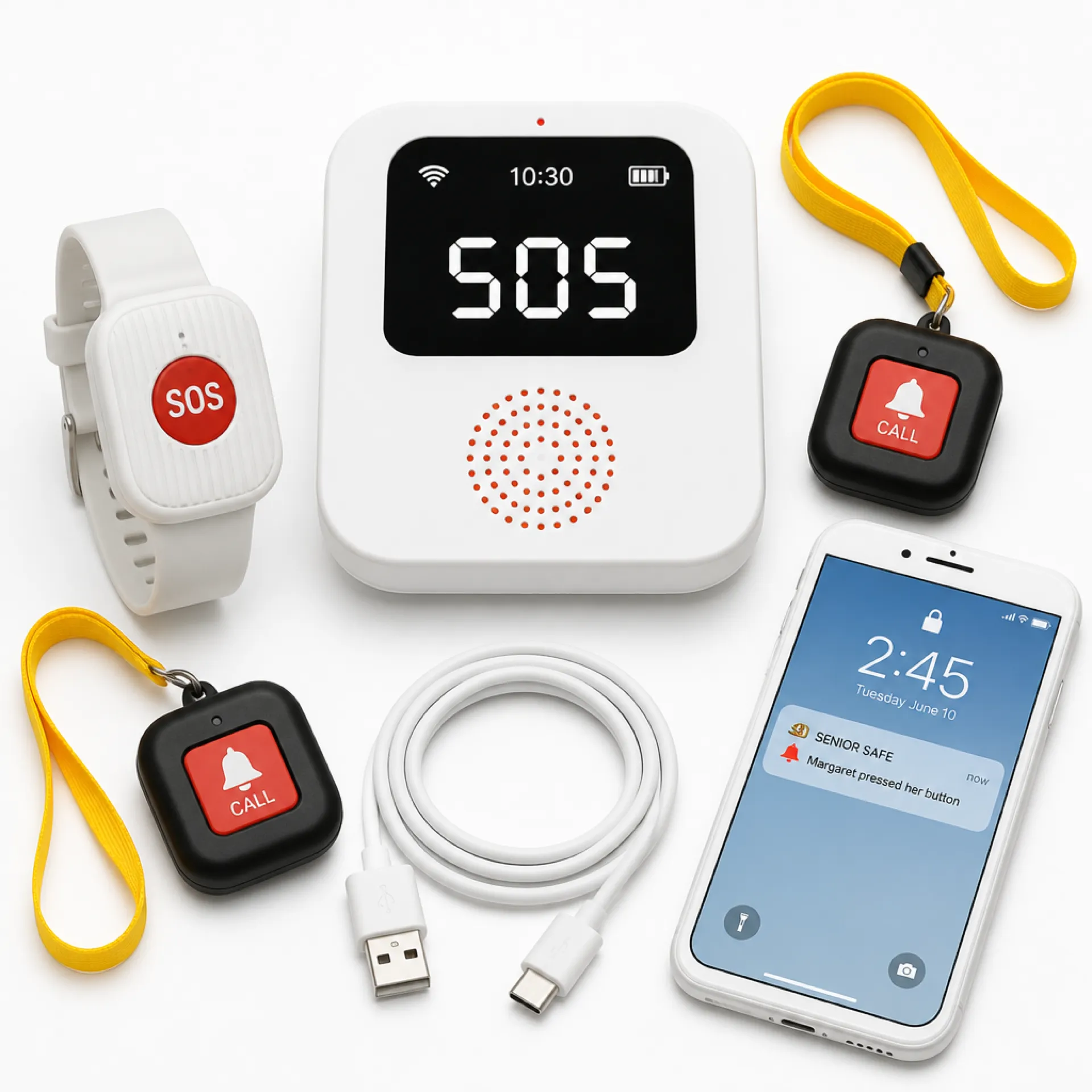Senior Safe kit — base, wristband, two pendants, charging cable and app
